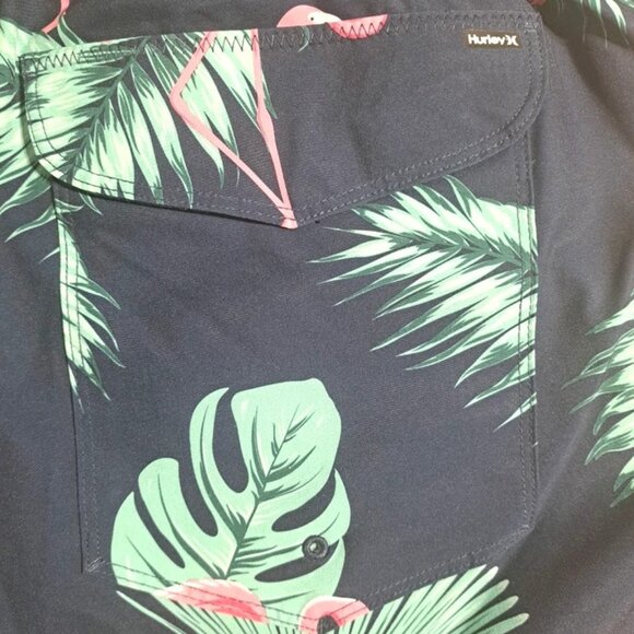 Hurley XL Men's Elastic Waist Dark Blue/Pink Flamingo Swim Trunks Stretch Volley - Picture 9 of 13
